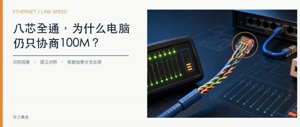 测线仪显示八芯全通，为什么电脑还是只协商100M？