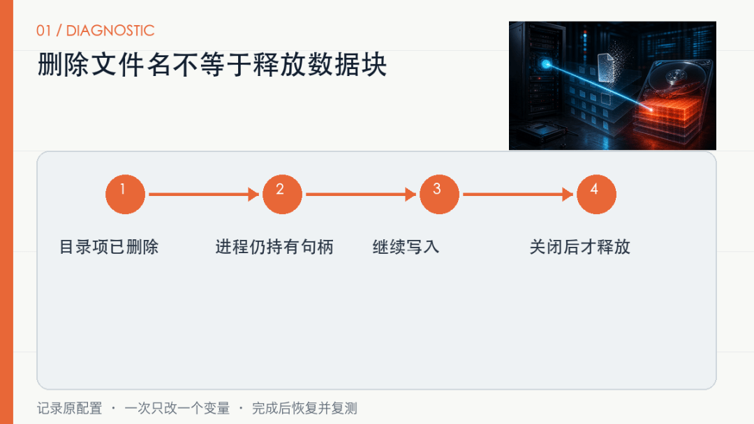 Linux删了几十GB日志，磁盘空间为什么没回来？